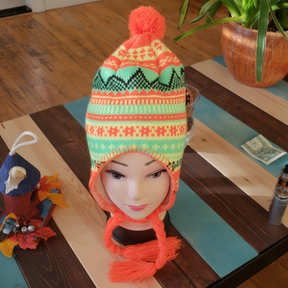 Winter Knitted Neon Multicolor Hat with Braided Ear Flaps - Picture 3 of 3